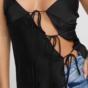 Lioness Mariah Black Satin Lace-Up Top